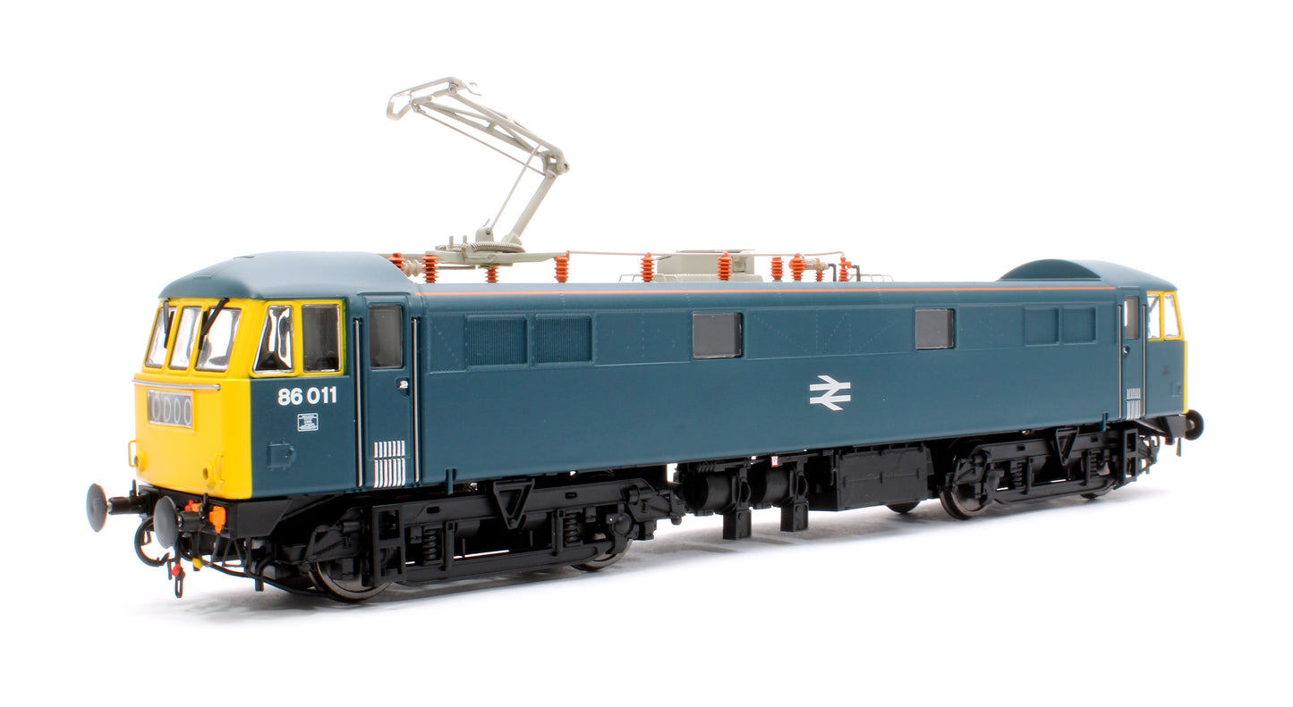 Class 86 BR Rail Blue 86011 with FYE, Orange Cantrail Warning Stripe (Faiveley Pantograph) (V3a) Electric Locomotive