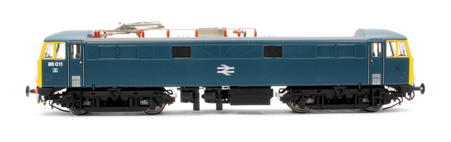 Class 86 BR Rail Blue 86011 with FYE, Orange Cantrail Warning Stripe (Faiveley Pantograph) (V3a) Electric Locomotive