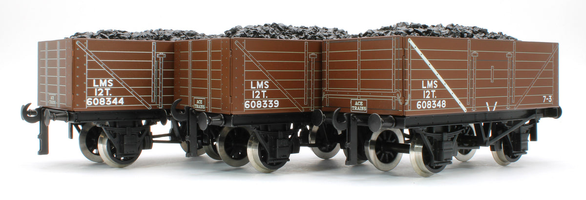 G/5-WS13 Set of 3 LMS Brown 12T Open Coal Wagons - No. 608334, 608344, 608348 - Set 13