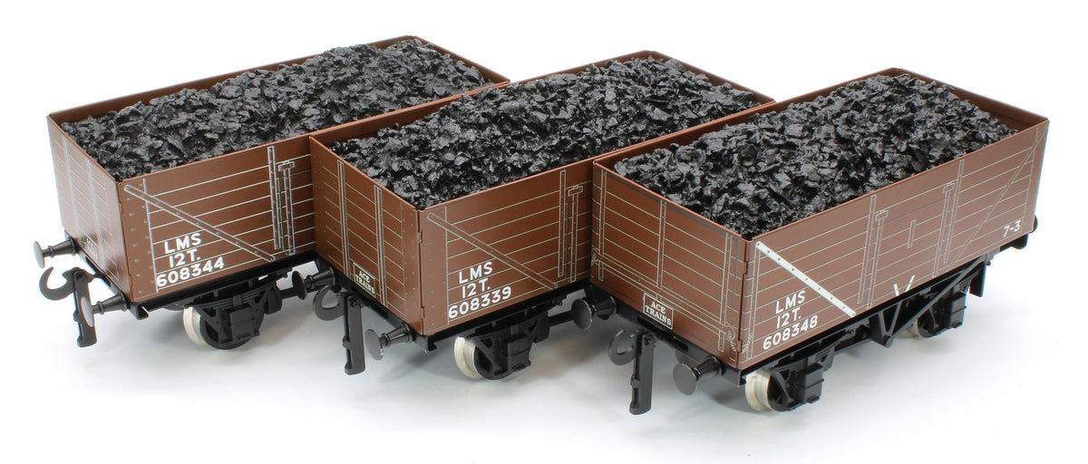 G/5-WS13 Set of 3 LMS Brown 12T Open Coal Wagons - No. 608334, 608344, 608348 - Set 13