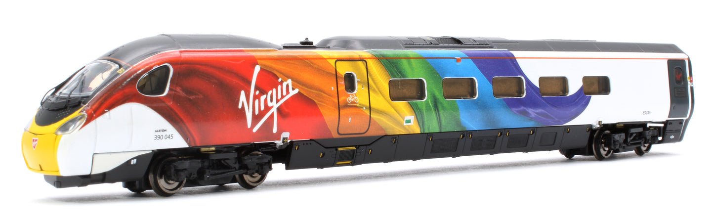 Class 390 045 "Virgin Pride" 9 Car Pendolino in Virgin Flowing Silk Rainbow livery