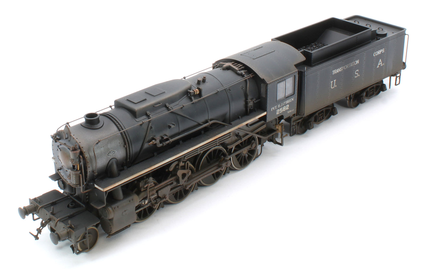 Bespoke Weathered 926013 USATC S160 2-8-0 'Pvt. H.J. O’Brien' Black with Transportation Corps U.S.A. on Tender No.2582 Steam Locomotive - Deluxe Weathered