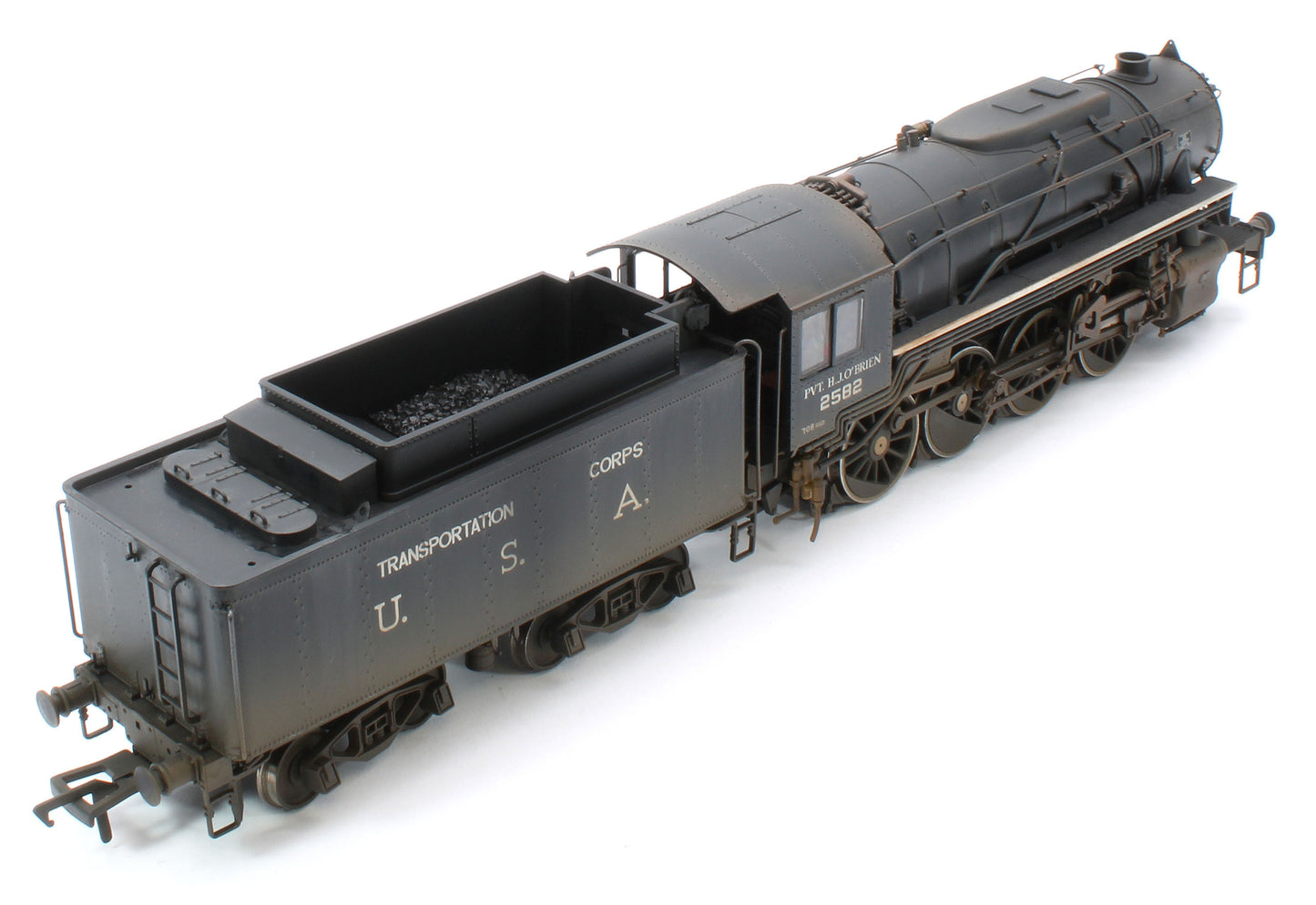 Bespoke Weathered 926013 USATC S160 2-8-0 'Pvt. H.J. O’Brien' Black with Transportation Corps U.S.A. on Tender No.2582 Steam Locomotive - Deluxe Weathered