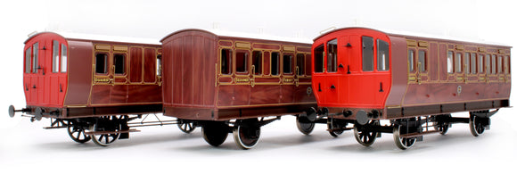 Set of 3 Stroudley 4 Wheel Suburban Oil Lit Mahogany Passenger Coaches (Light Bars Fitted)