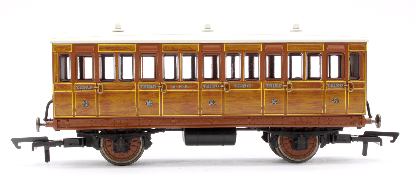 Pre-Owned R40104A 4 Wheel Coach 3rd Class GNR Lined Teak No.1505 with Fitted Lights