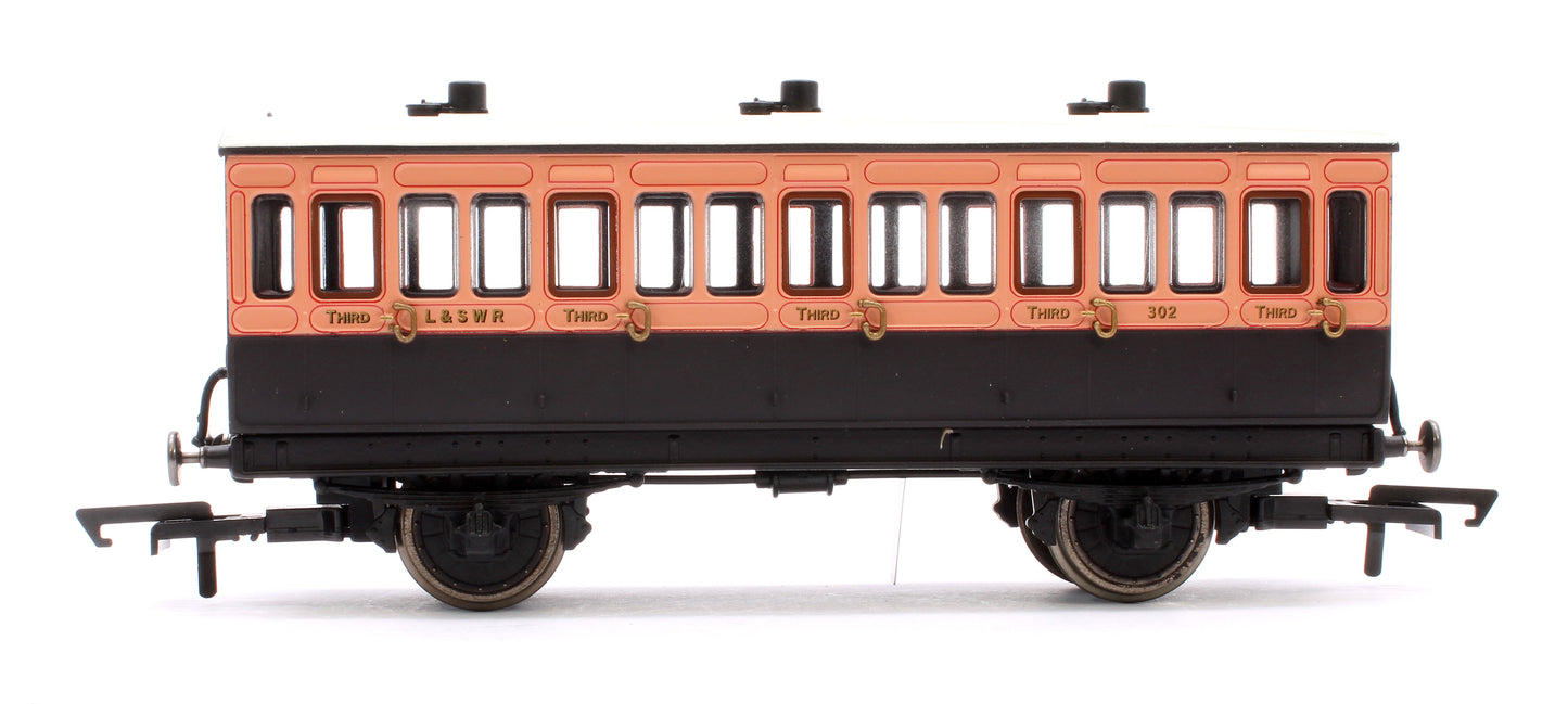 Pre-Owned R40108 4 Wheel Coach 3rd Class LSWR Brown No.302 with Fitted Lights