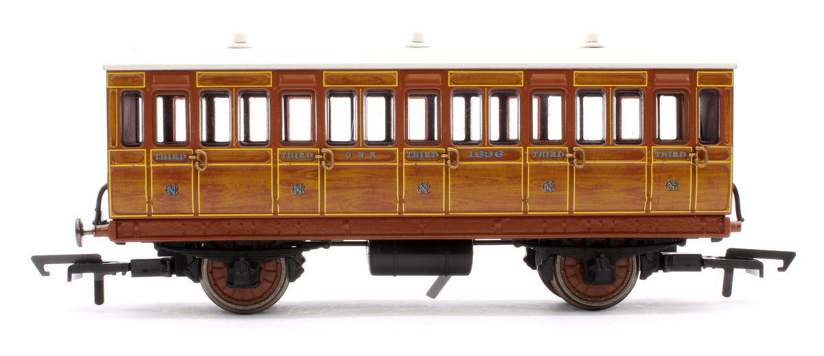 R40104 Pre-Owned 4 Wheel Coach 3rd Class GNR Lined Teak No.1636 with Fitted Lights
