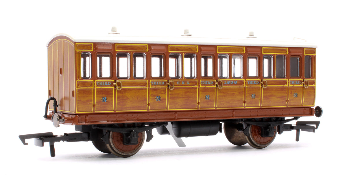 R40104 Pre-Owned 4 Wheel Coach 3rd Class GNR Lined Teak No.1636 with Fitted Lights