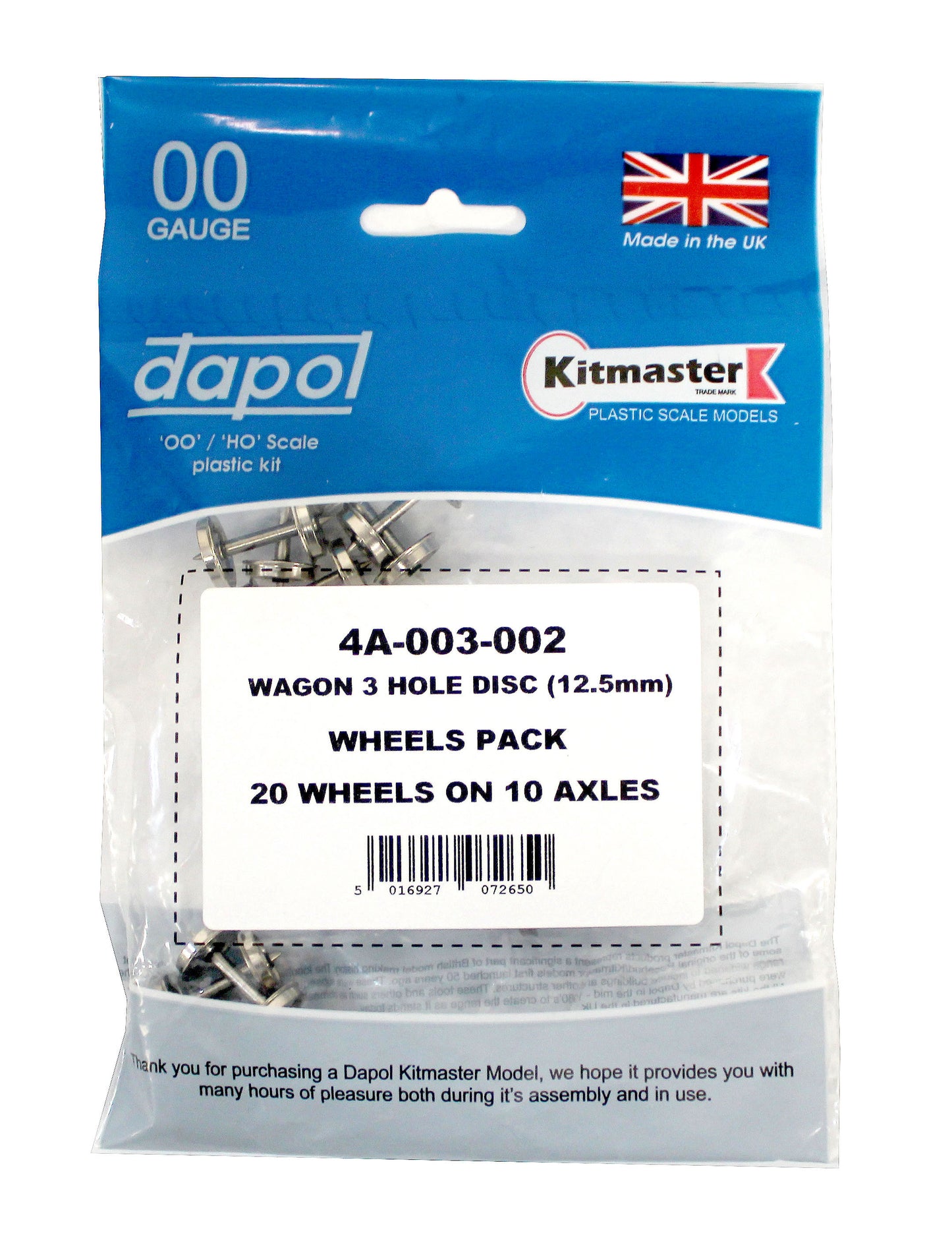 4A-003-002 Wagon 3 hole Disc (12.5mm) Wheels Pack 20 wheels on 10 axles