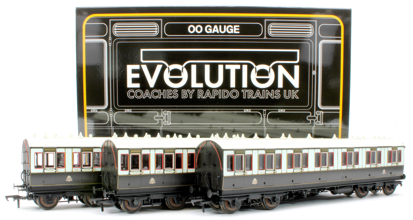 978009 48' LNWR ‘Evolution’ Bogie Coach Non-Corridor Carriage No.7981, No.1234 & No.2914 3-Pack