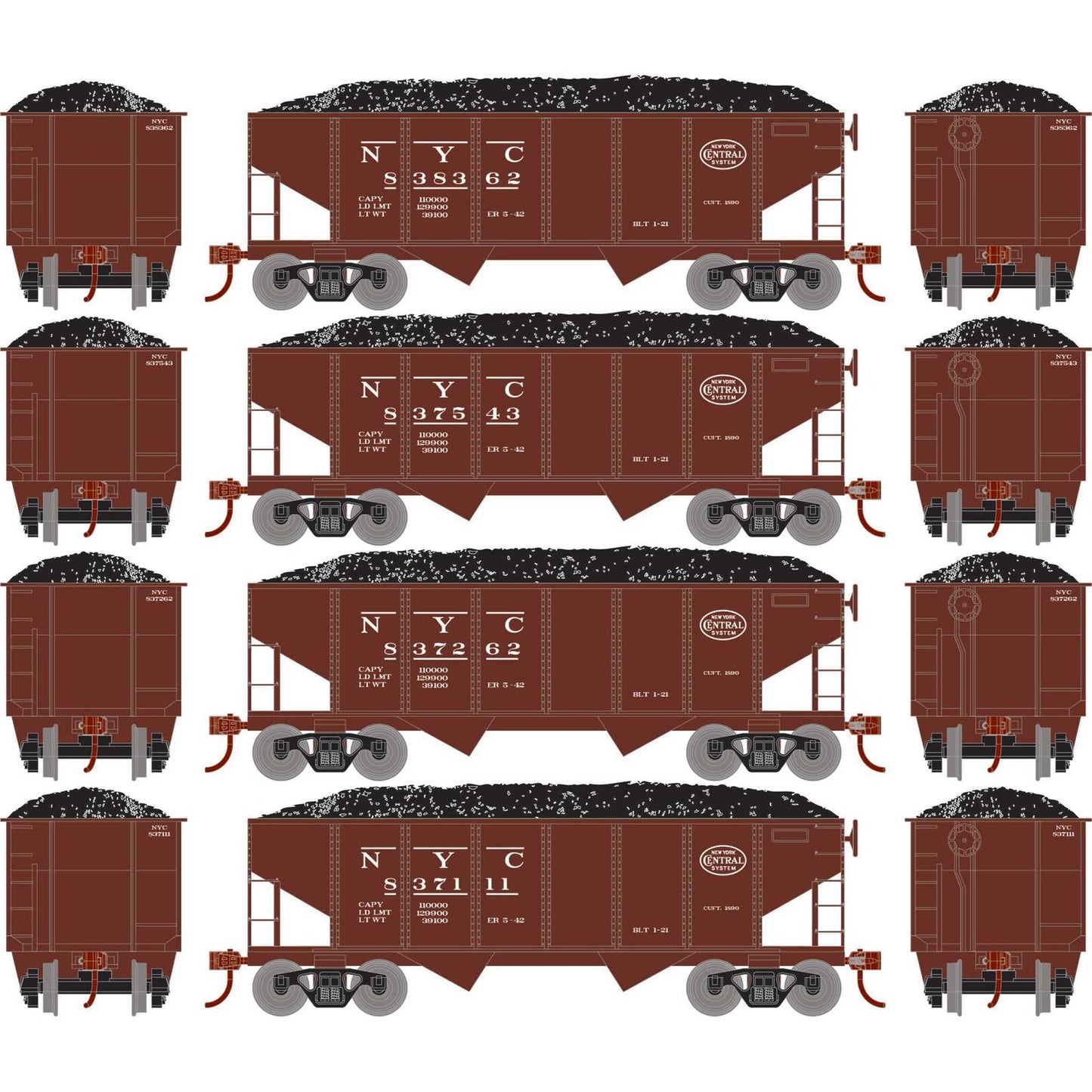 Set of 4 Roundhouse HO 34' 2-Bay Rib Side Hopper With Load, NYC #1