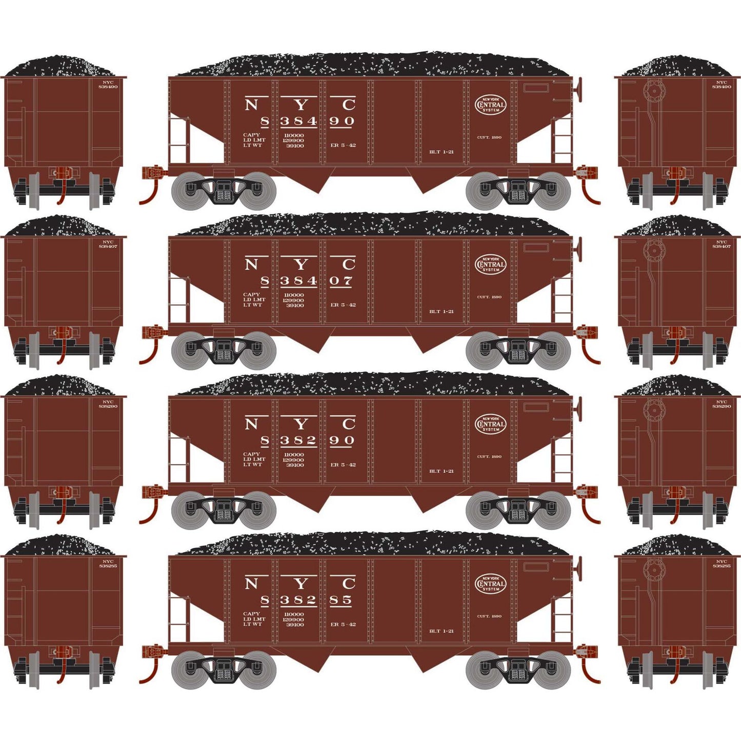 Set of 4 Roundhouse HO 34' 2-Bay Rib Side Hopper With Load, NYC #2