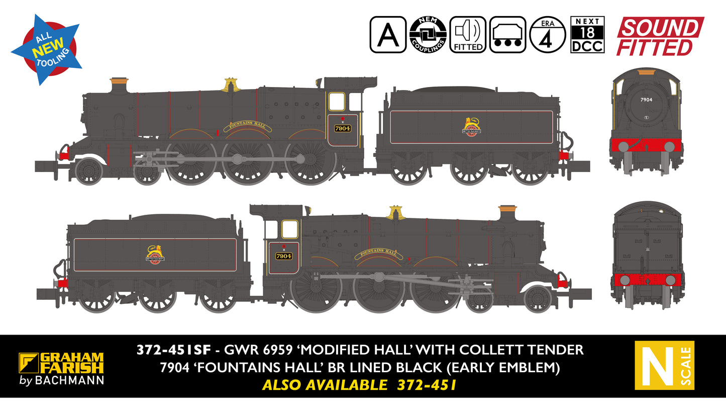 GWR 'Modified Hall' 7904 'Fountains Hall' BR Lined Black (Early Emblem) Steam Locomotive - DCC Sound