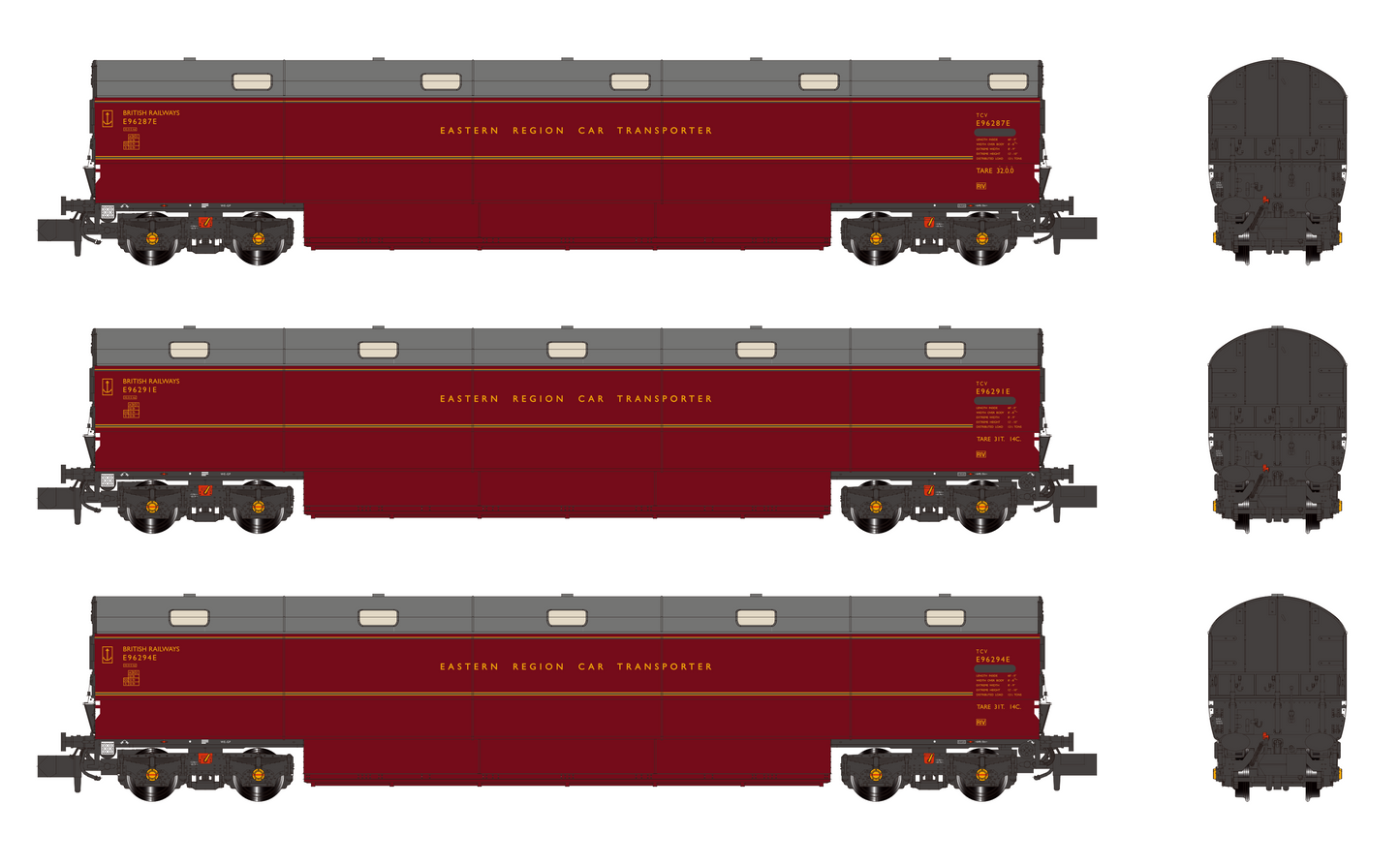 Newton Chambers Car Transporter Eastern Region BR Lined Maroon E96287/291/294E - Pack 3