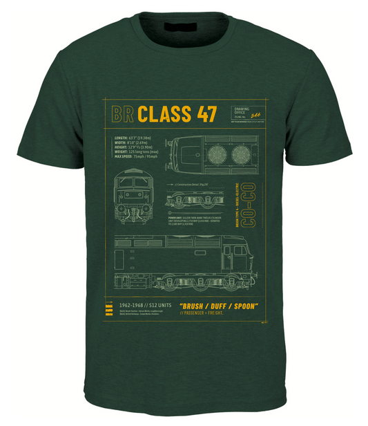 Class 47 Technical Drawing Blueprint Railway T Shirt (Green)