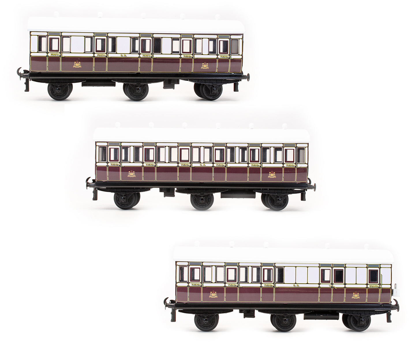 Pre-Owned Set 7 Set Of 3 Caledonian Railway Plum & White Passenger Coaches