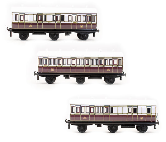 Pre-Owned Set 7 Set Of 3 Caledonian Railway Plum & White Passenger Coaches