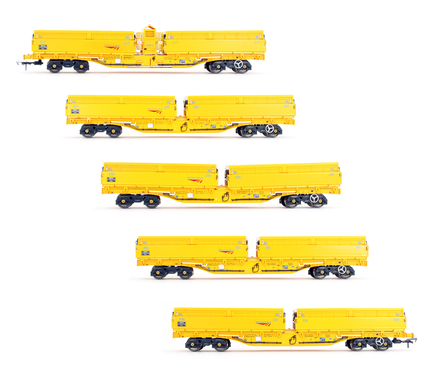 Pre-Owned MRA Side Tipping Ballast Wagon 5 Car Set Network Rail Yellow