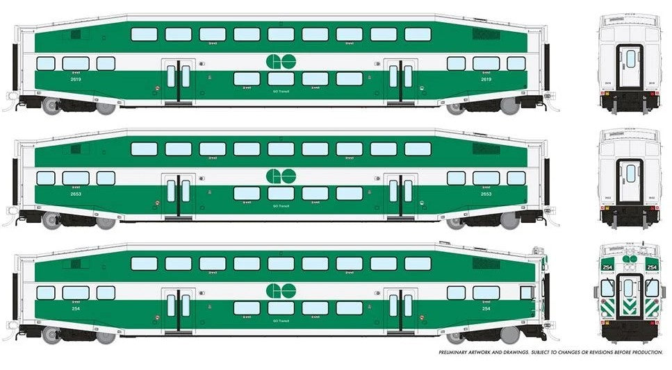 BiLevel Commuter Car: GO Transit - Late: Set #1 (Cab: 254 Coaches: 2619, 2653)