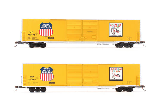 Pre-Owned 932-23583 Pullman Standard 60' Auto Box Cars Double Door Union Pacific - 2 Pack