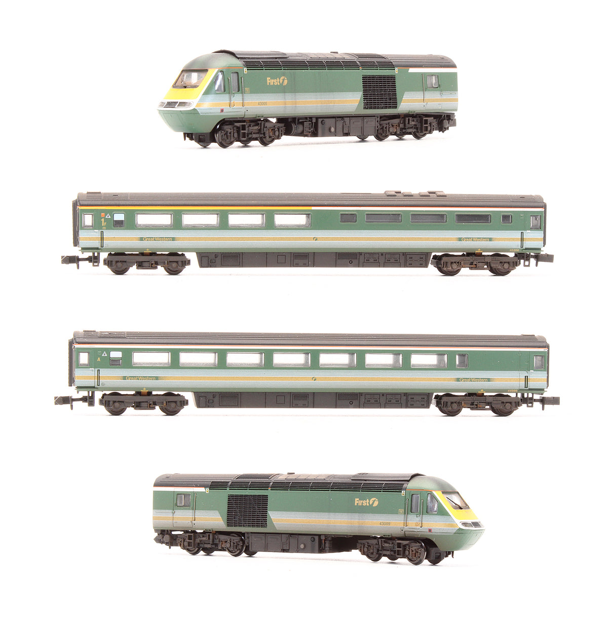Pre-Owned 2D-019-011 Class 43 HST First Great Western (Fag Packet) 4 Car Bookset Custom Weathered - DCC Fitted