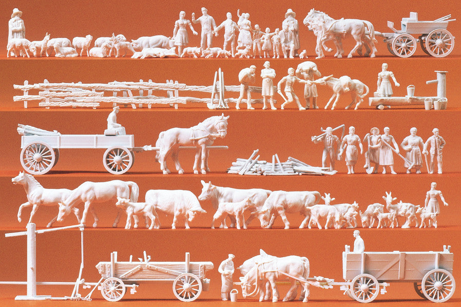 PEOPLE, ANIMALS and CARTS (60 UNPAINTED FIGURES)