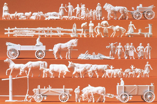 PEOPLE, ANIMALS and CARTS (60 UNPAINTED FIGURES)