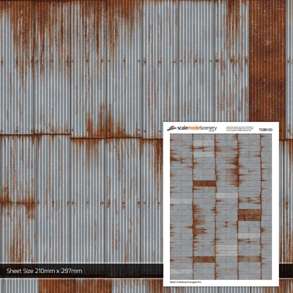 TX280 OO/HO Rusty & Weathered Corrugated Iron Texture Paper (x5)