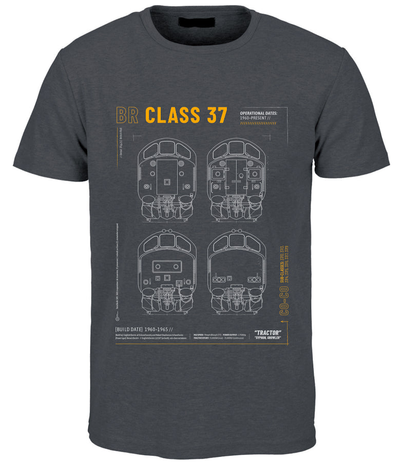 Class 37 Technical Drawing Blueprint Railway T Shirt (Grey)