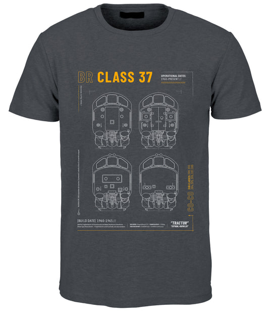 Class 37 Technical Drawing Blueprint Railway T Shirt (Grey)