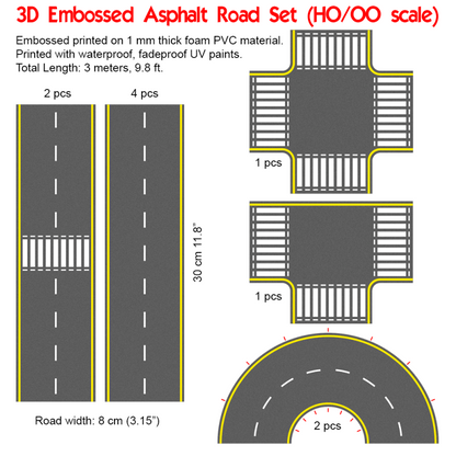 HO Scale UV Printed 3D PVC Road Set (Asphalt)