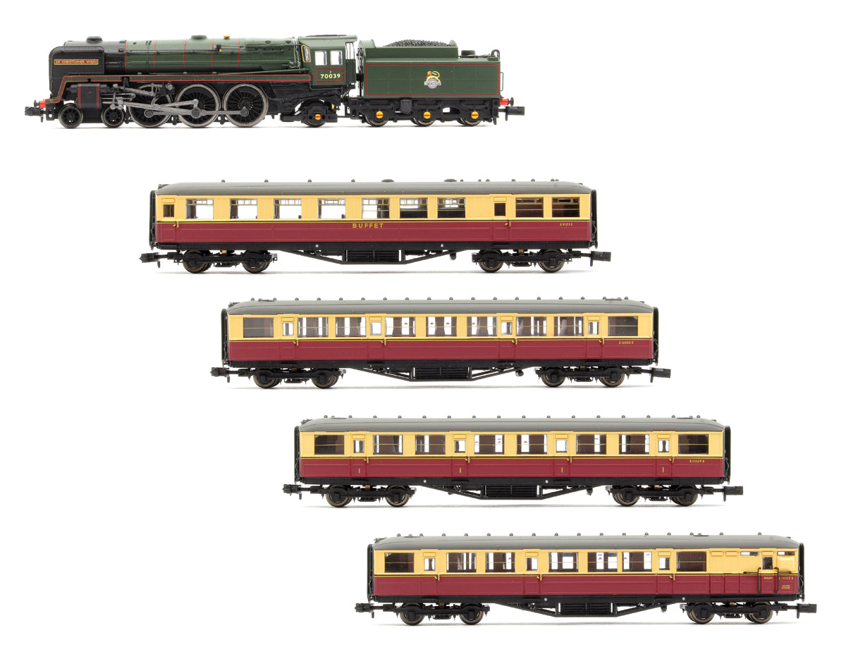 Class 7MT Britannia 4-6-2 East Anglian Set 70039 BR Green Early Crest 4 Gresley Crimson & Cream Coaches - DCC Fitted