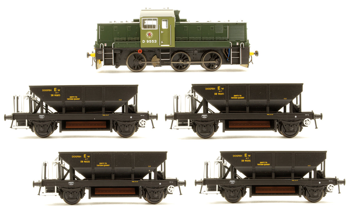 Class 14 BR Two Tone Green Diesel Locomotive D9553 + 4x BR Black Dogfish Hoppers