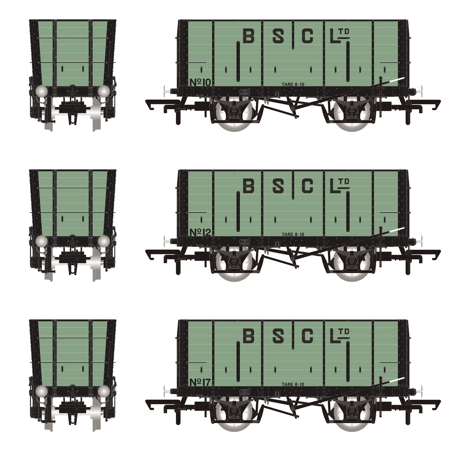 NER 20t Hopper - BSC (Internal User) Hopper - Pale Green, with black ironwork - Triple Pack