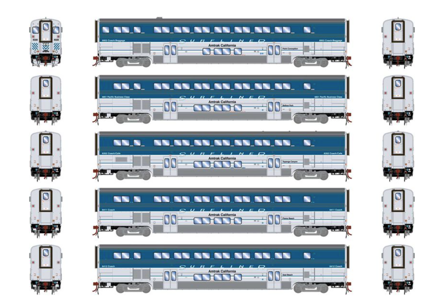 Set of 5 Amtrak Surfliner Cars with Lights