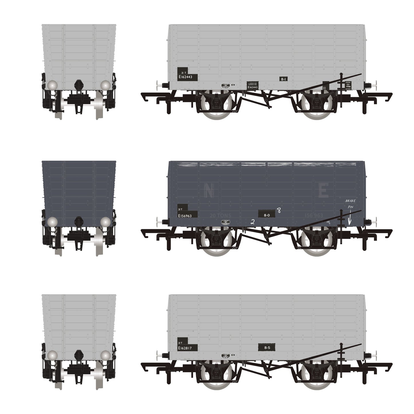 NER 20t Hopper - DGM 12 Hopper - BR Grey, with black panels - Triple Pack