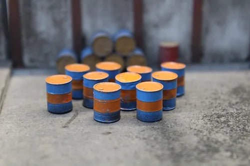 Dented Oil Drums - BLUE with ORANGE stripe and lids - Pack of 10