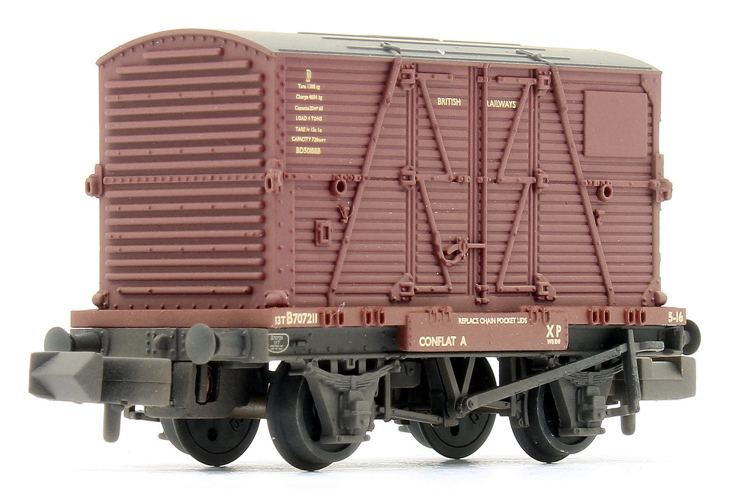 Conflat Wagon BR Bauxite (Early) 707211 With BR Crimson BD Container with Wagon Loads - Weathered