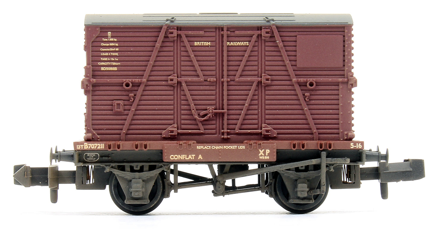 Conflat Wagon BR Bauxite (Early) 707211 With BR Crimson BD Container with Wagon Loads - Weathered