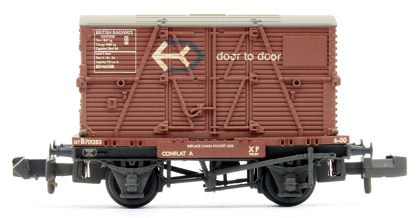 Conflat Wagon BR Bauxite (Early) With 'Door-To-Door' BD Container with Wagon Load 701283- Weathered