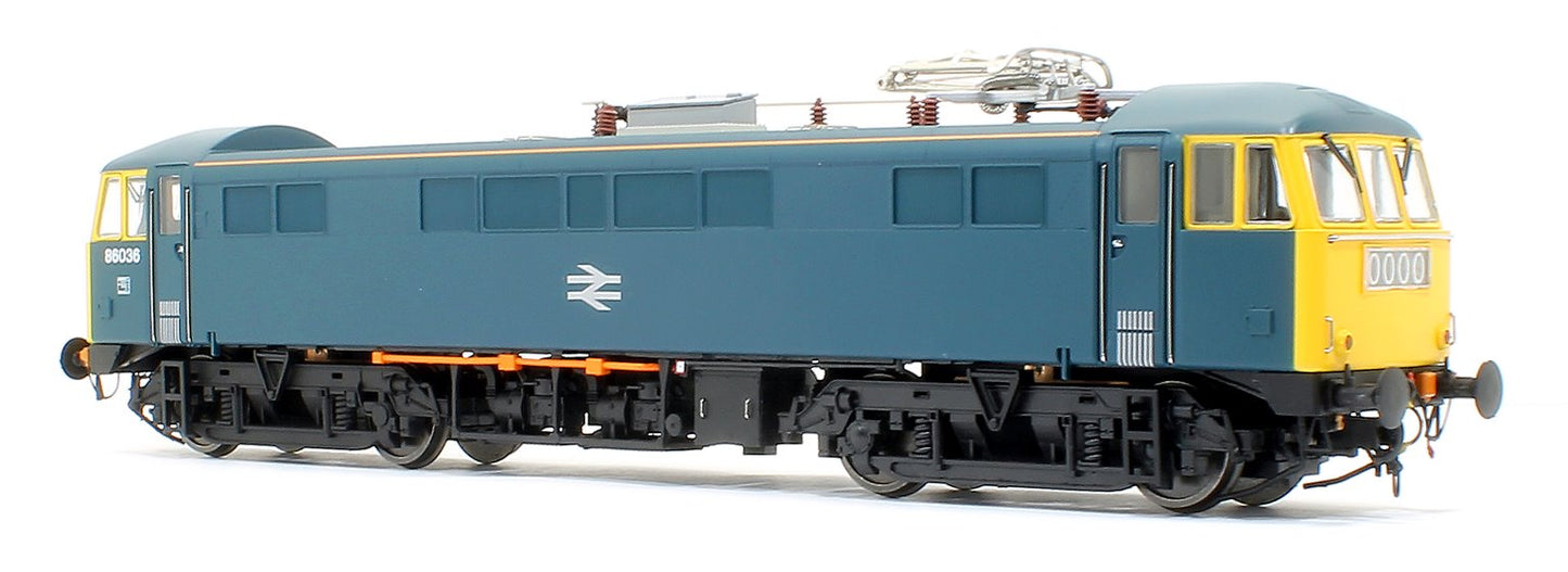 Pre-Owned 8655 Class 86/0 'AL6' Bo-Bo Electric Locomotive BR Rail Blue 86036 with double arrow logo, full yellow ends and orange cantrail stripes