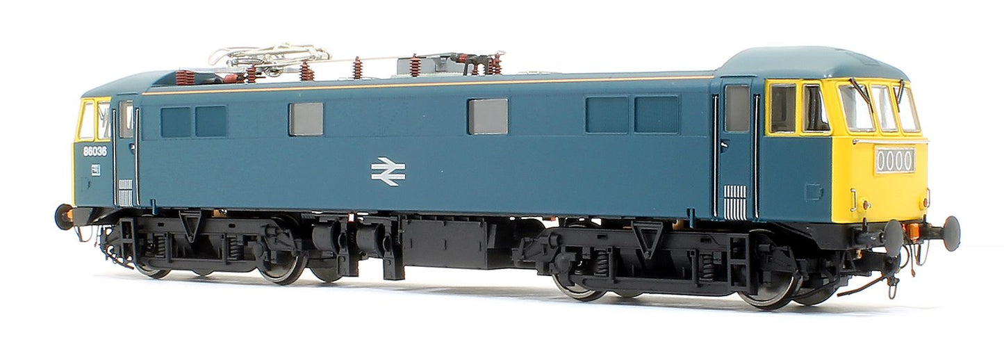 Pre-Owned 8655 Class 86/0 'AL6' Bo-Bo Electric Locomotive BR Rail Blue 86036 with double arrow logo, full yellow ends and orange cantrail stripes