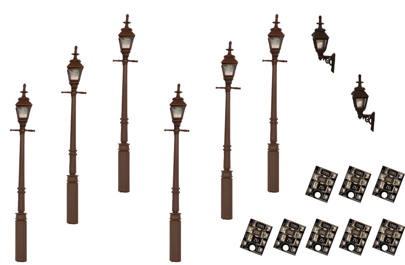 4mm Scale Gas Lamps Value Pack – Black (2x Wall Lamps, 6x Street/Platform Lamps)