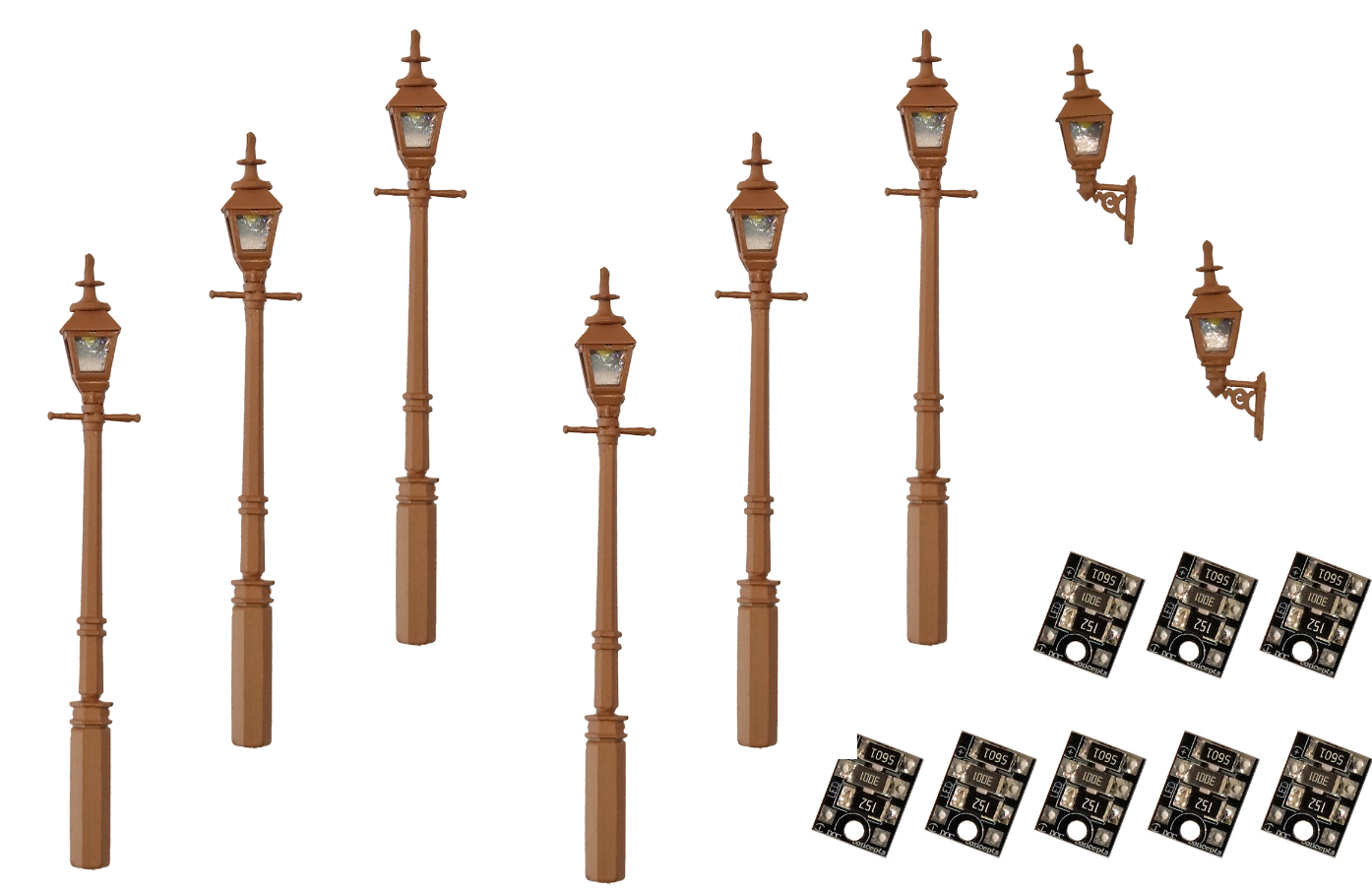 4mm Scale Gas Lamps Value Pack – Brown (2x Wall Lamps, 6x Street/Platform Lamps)