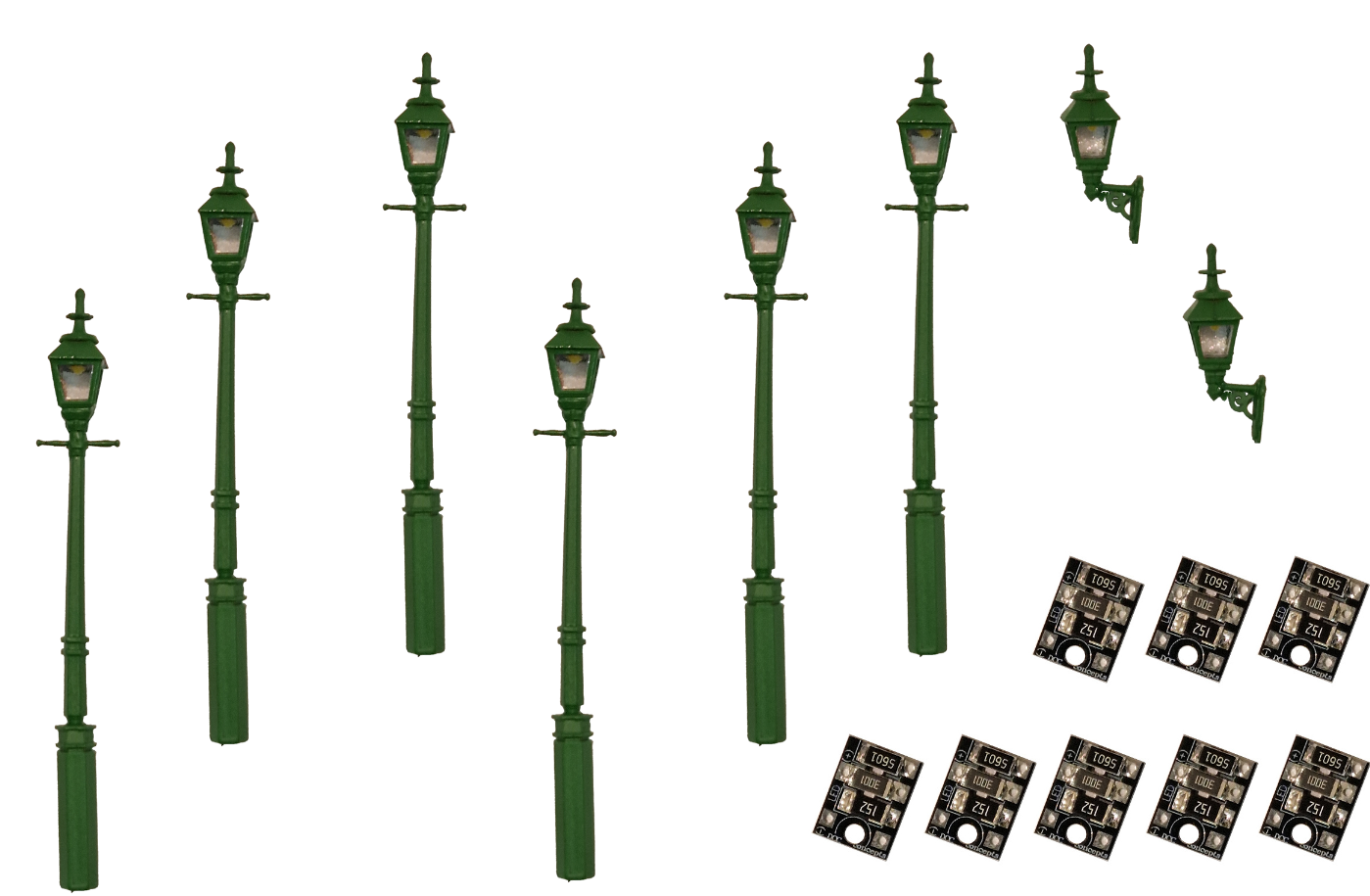 4mm Scale Gas Lamps Value Pack – Green (2x Wall Lamps, 6x Street/Platform Lamps)