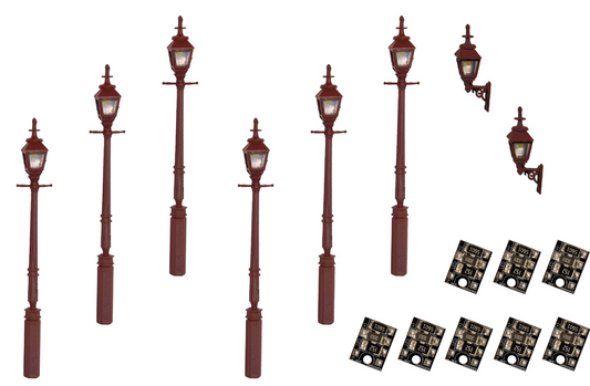 4mm Scale Gas Lamps Value Pack – Maroon (2x Wall Lamps, 6x Street/Platform Lamps)