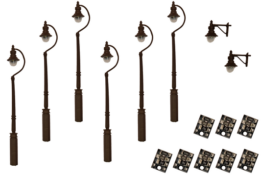 4mm Scale Swan-Neck Lamps Value Pack – Black (2x Wall Lamps, 6x Street/Platform Lamps)