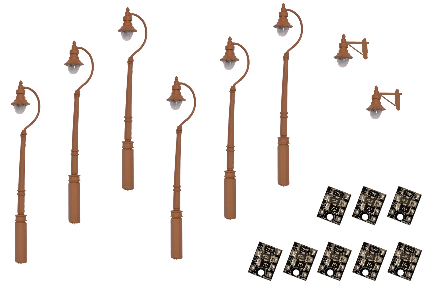 4mm Scale Swan-Neck Lamps Value Pack – Brown (2x Wall Lamps, 6x Street / Platform Lamps)