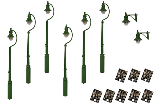 4mm Scale Swan-Neck Lamps Value Pack – Green (2x Wall Lamps, 6x Street/Platform Lamps)