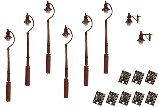 4mm Scale Swan-Neck Lamps Value Pack – Maroon (2x Wall Lamps, 6x Street/Platform Lamps)